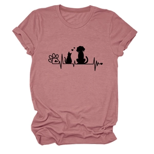 Detail of pink cotton t-shirt with creative black cat and dog paw heartbeat print