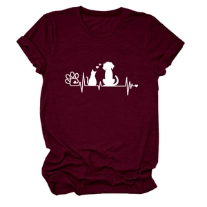 Detail of creative white paw print and heartbeat line print on burgundy cotton T-shirt
