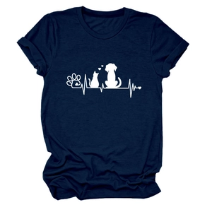 Detail of white pet heart and heartbeat print on navy blue cotton crew neck T-shirt