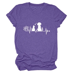Detail of creative white paw print and pet heartbeat design on a purple T-shirt