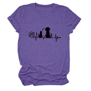 Detail of dark purple t-shirt featuring cat and dog paw print heartbeat graphic