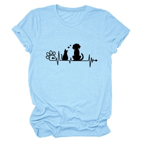 Close-up of paw prints and heartbeat graphics on a light blue cotton round neck t-shirt