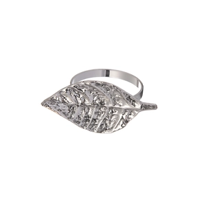 Silver metal leaf napkin ring with detailed vein texture for elegant table decor
