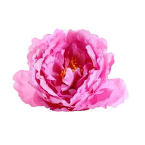 Pink faux peony napkin ring with layered fabric petals and yellow stamens for table decor