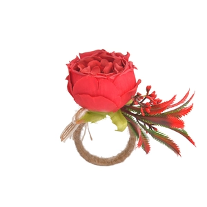 Handmade red rose napkin ring with berries and green leaves on natural jute twine loop