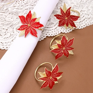 Ronds de Serviette en Alliage de Zinc Fleur de Poinsettia Rouge Décoration de Table en Métal Doré pour Noël Mariage Fête Dîner