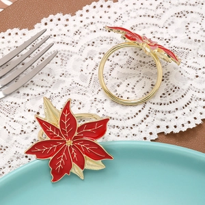 Rond de serviette de Noël avec fleur de poinsettia rouge et alliage doré de table