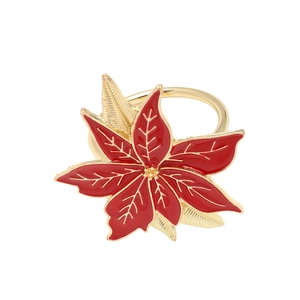 Rond de serviette de Noël avec poinsettia rouge et base dorée pour décoration de table