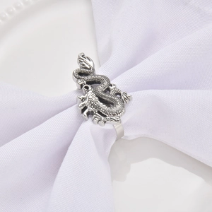 Silver dragon metal napkin ring featuring detailed scales and a classic round buckle