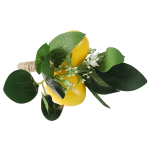 Realistic lemon napkin ring with yellow lemons, green leaves, and rustic twine base
