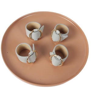 Set of 4 light gray PU leather napkin rings with polished gold metal buckle for table decor