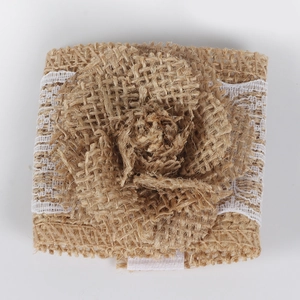 Rustic burlap flower napkin ring with white lace trim for wedding table decoration