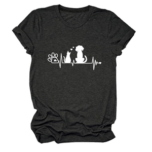 Close-up of the heart rate and pet paw print design on the gray cotton t-shirt