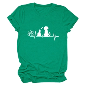 Detail of emerald green t-shirt featuring white pet paw heartrate print and rolled sleeves