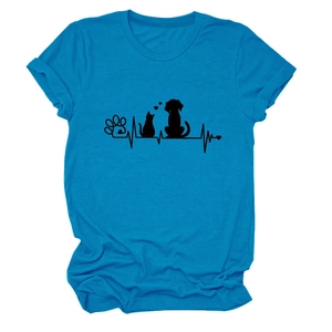 Detail of bright blue t-shirt with black pet paw and heartbeat graphic print