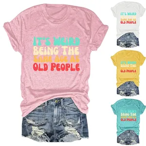 Women T-Shirt Short Sleeve Round Neck Cotton Blend Funny Slogan Letter Print Casual Loose Fit Vintage Tee Top