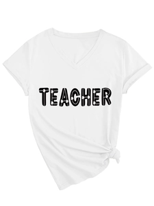 Detail of white V-neck T-shirt with black Teacher print and clover motifs