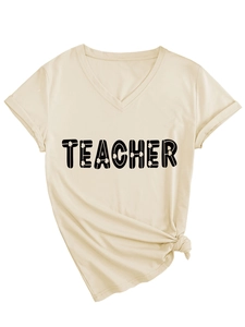 Detail of V-neck beige Teacher t-shirt with clover pattern lettering and side knot