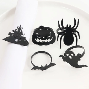 Set di 5 portatovaglioli neri per Halloween con zucca fantasma e disegni di ragno