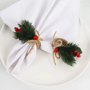 Christmas napkin rings set of 2 with pine needles, red berries and jute rope bows