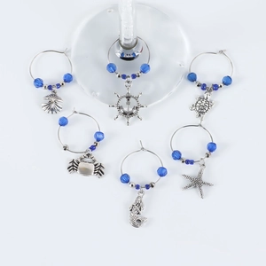 Ocean Theme Wine Glass Charms Zinc Alloy Blue Glass Beads Nautical Starfish Shell Mermaid For Party Bar