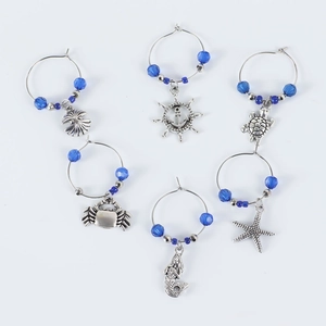 6-piece set of nautical wine glass charms with sea creatures and blue beads