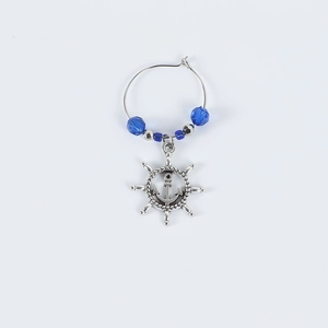 Marine themed wine glass markers with blue crystal beads and silver steering wheel charms