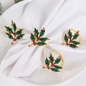 Holly Leaf Napkin Rings Zinc Alloy Rhinestone Enamel Christmas Table Decoration Hollow Branch Holiday Dinner Decor