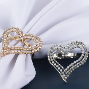 Heart Shaped Napkin Rings Zinc Alloy Artificial Pearl Rhinestone Buckles For Valentine Day Wedding Hotel Table Decoration Elegant Style