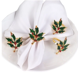 Set of 4 Christmas holly leaf napkin rings with green enamel and red rhinestones