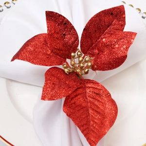 Christmas Poinsettia Napkin Rings Red Glitter Flower Napkin Buckle Holder For Table Setting Holiday Party Dining Decor