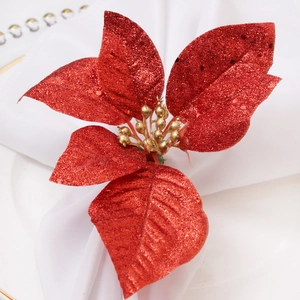 Sparkling red poinsettia napkin ring with gold beads for Christmas table decor