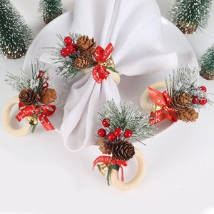 Christmas Napkin Rings Wooden Pine Cone Red Berry Ribbon Gold Bell Holiday Table Decor Festive Party