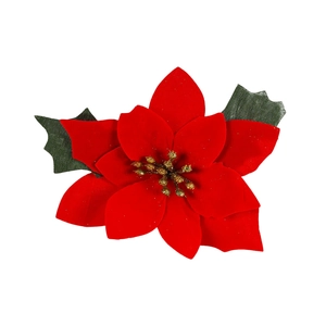 Red poinsettia flower napkin ring with gold glitter and green leaves for Christmas decor