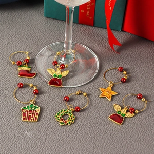 6-piece Christmas wine glass charm set with colorful holiday pendants and festive beads