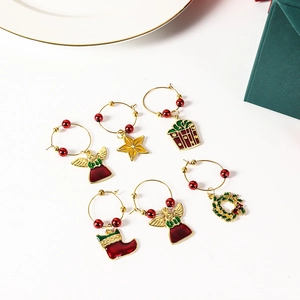 6-piece Christmas wine glass charms with festive enamel angel and wreath pendants
