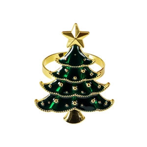 Detail of Christmas tree napkin ring with green enamel finish and gold star top decoration