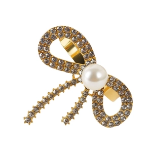 Elegant gold bow napkin ring with sparkling rhinestones and a large center pearl