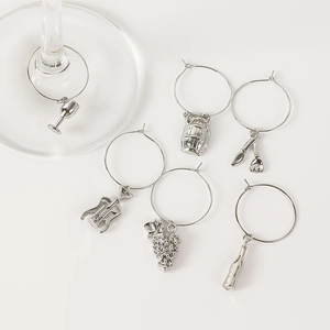 Set of 6 silver metal wine glass charms with assorted vineyard-themed pendant designs