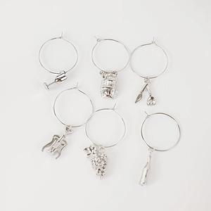 Set of 6 silver wine glass charms with assorted metal pendants for party identification