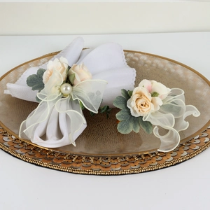 Champagne silk rose napkin rings with pearls and lace for elegant wedding table decor