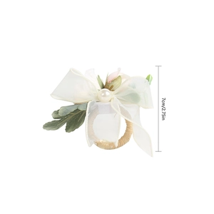 Handmade cream organza bow napkin ring with pink faux rose and pearl detail, 7cm height