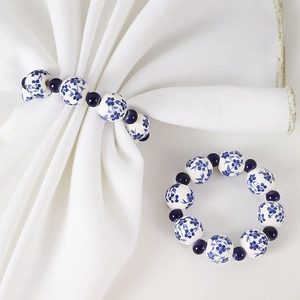 Blue And White Porcelain Bead Napkin Rings Hand Painted Ceramic Floral Beads Elastic Napkin Buckles Ethnic Table Decor