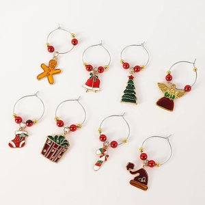 Set of 8 Christmas wine glass charms with beads and colorful enamel holiday pendants