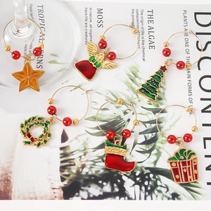 Set of 6 Christmas wine glass charms with festive holiday charms and red beads