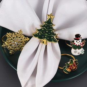 Detail of Christmas napkin rings featuring snowflake, tree, snowman, and bell designs