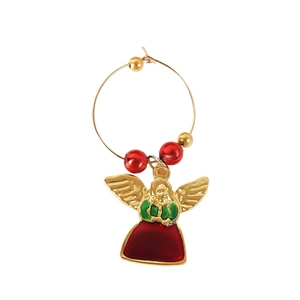 Christmas wine glass charm with gold ring, red bead, and colorful enamel angel pendant