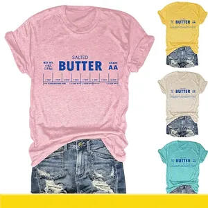 T-Shirt Femmes American Retro Salted Butter Graphique Mélange Coton Col Rond Manches Courtes Vintage Hauts Amples