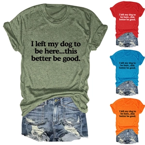 Detail view of cotton blend crew neck t-shirts in multiple colors with dog slogan print