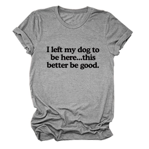 Detail of grey crewneck T-shirt featuring a humorous black dog-themed slogan print